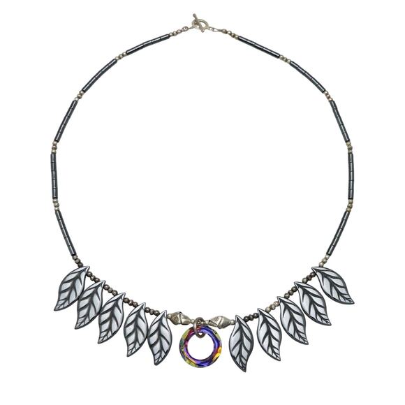 Vintage 925 Artisan Leaf Bib Necklace | Iridescent Crystal & Hematite | 19” - Picture 1 of 12